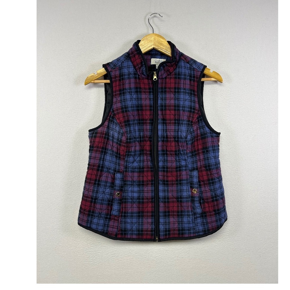 Preppy Plaid Croft & Barrow Womens XS Purple Blue Quilted Full Zip Puffer Vest